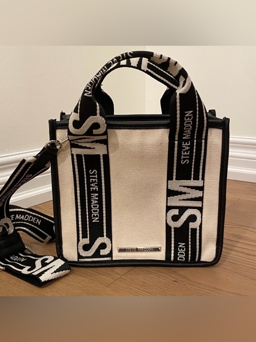 Steve Madden Black and Cream Logo Tote Bwebber